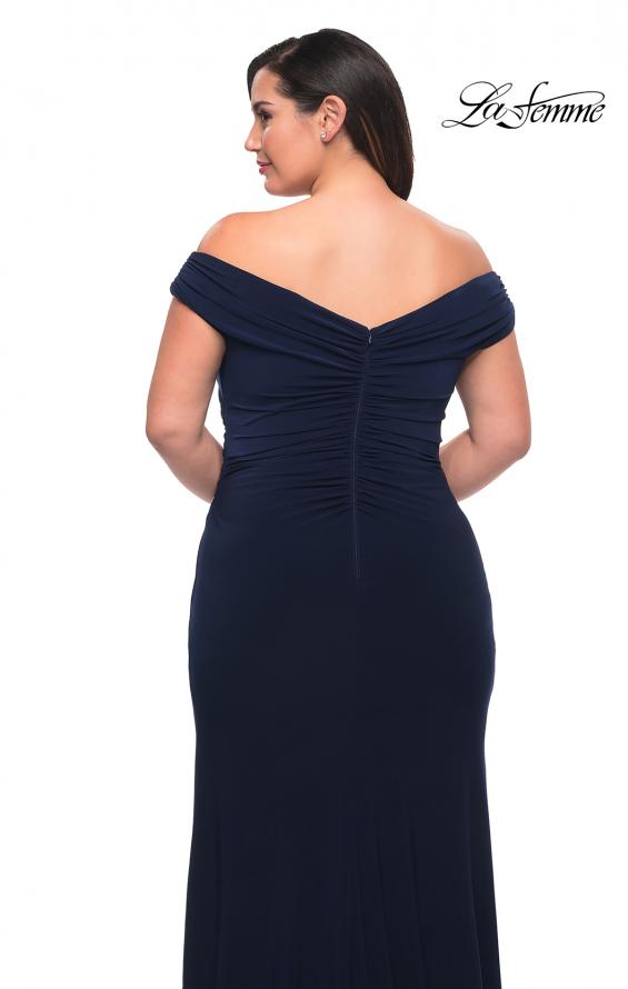 Picture of: Matte Jersey Long Plus Dress with Ruching and Slit in Navy, Style: 29663, Detail Picture 9