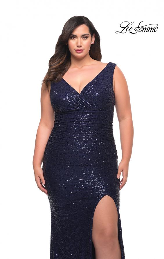 Picture of: Stretch Sequin Plus Size Gown with Slit and V Neck in Navy, Style: 30307, Detail Picture 9
