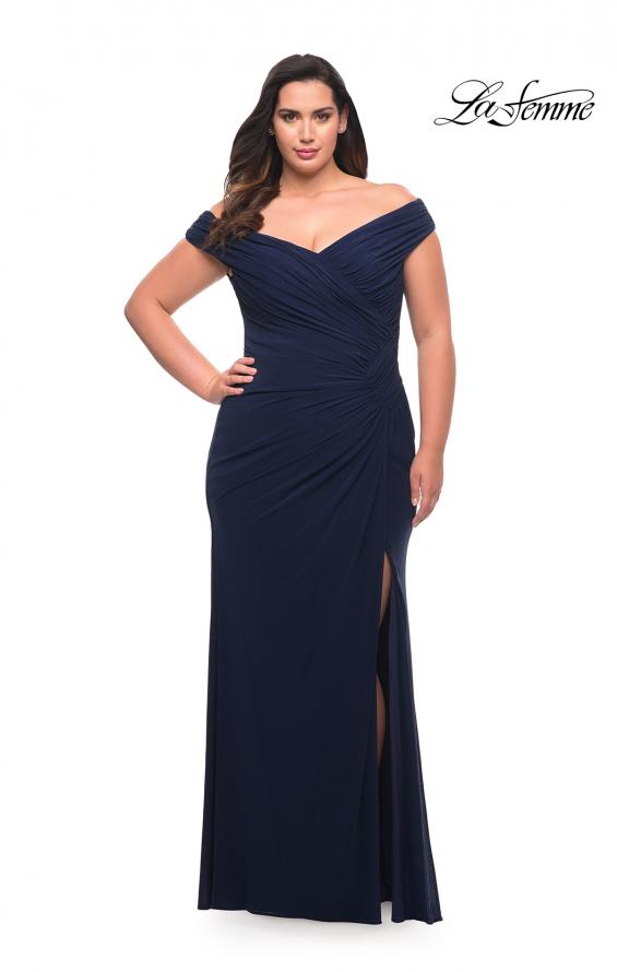 Picture of: Flattering Ruched Off the Shoulder Plus Size Dress in Navy, Style: 29722, Detail Picture 10