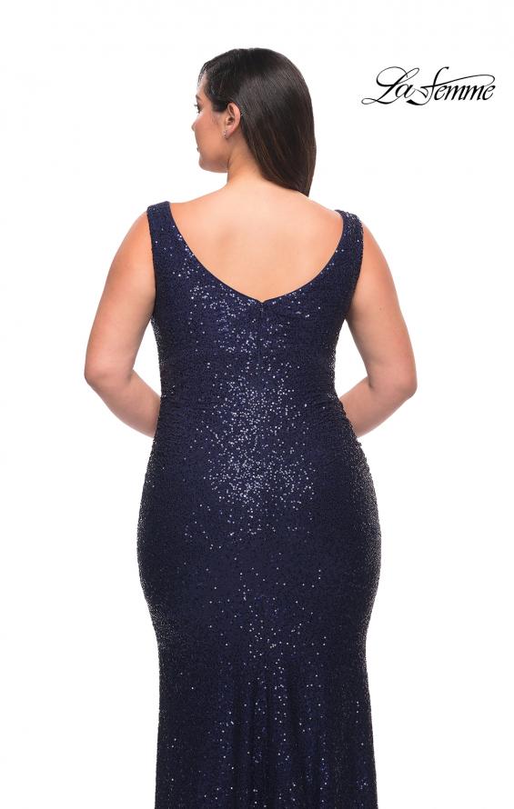 Picture of: Stretch Sequin Plus Size Gown with Slit and V Neck in Navy, Style: 30307, Detail Picture 10