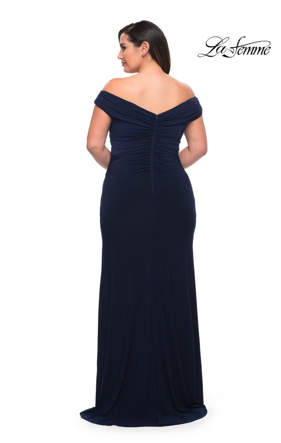 Picture of: Matte Jersey Long Plus Dress with Ruching and Slit in Navy, Style: 29663, Detail Picture 15