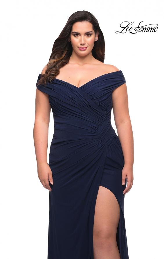 Picture of: Flattering Ruched Off the Shoulder Plus Size Dress in Navy, Style: 29722, Detail Picture 16