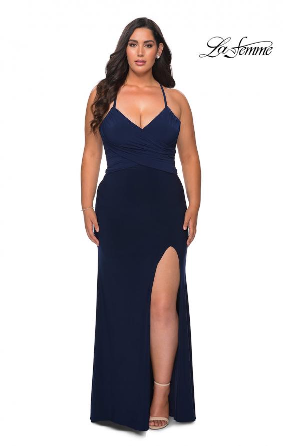 Picture of: Jersey Plus Size Dress with Slit and Lace Up Back in Navy, Style: 29055, Back Picture