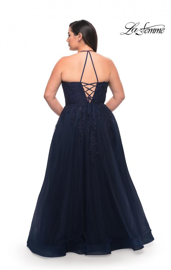 Picture of: Tulle Gown with Lace Bodice and High Neckline in Navy, Style: 29071, Back Picture