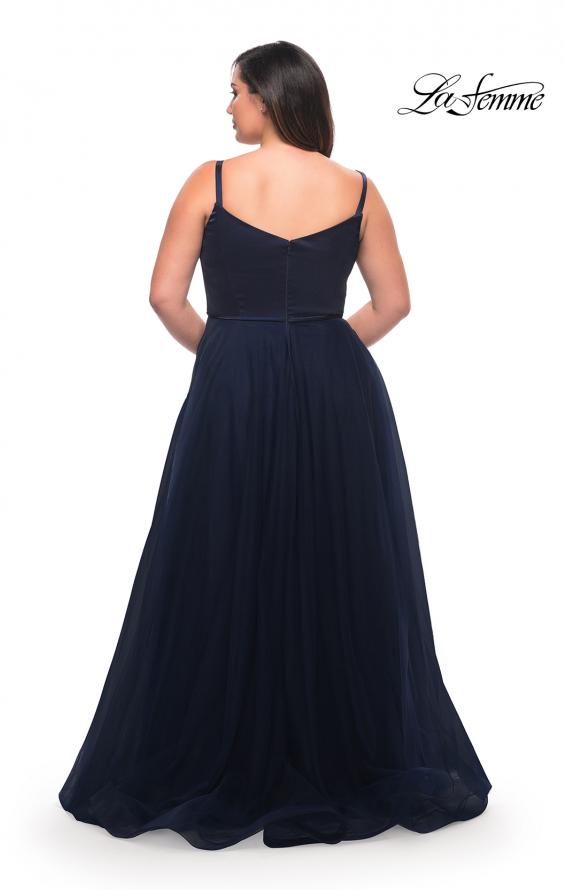 Picture of: Long Plus Size Gown with Tulle Skirt and Satin Top in Navy, Style: 29072, Back Picture