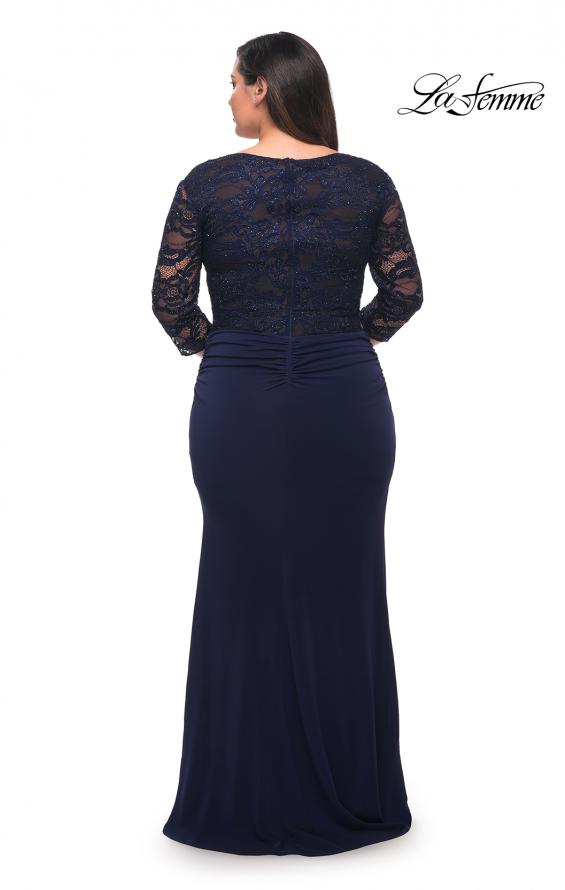 Picture of: Jersey Plus Dress with Lace Sleeves and Back in Navy, Style: 29586, Back Picture