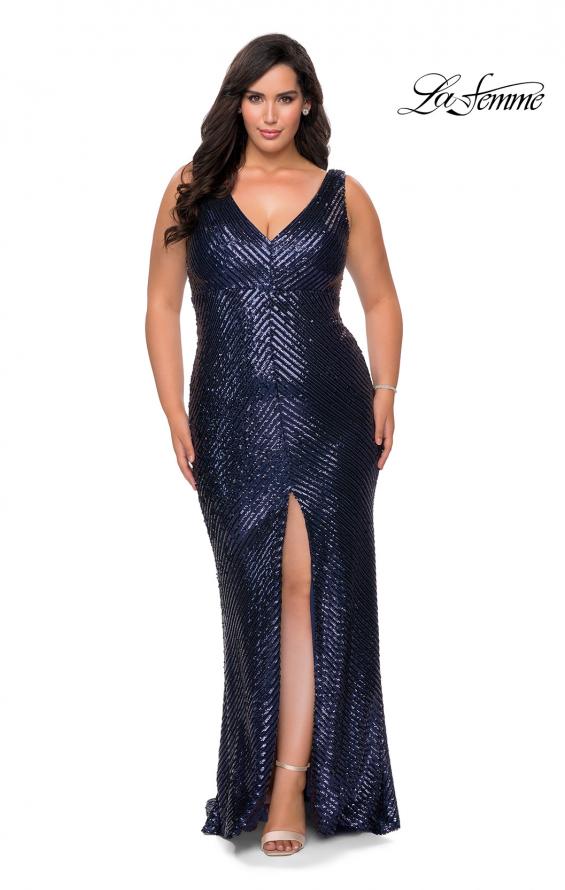 Picture of: Sequin Striped Plus Size Prom Dress with Center Slit in Navy, Style: 28796, Detail Picture 1