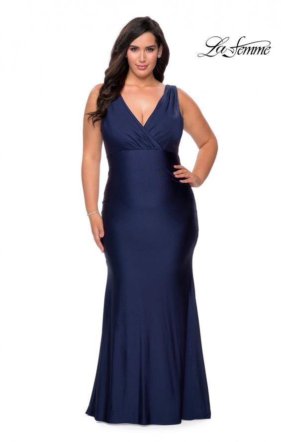Picture of: Neon Plus Size Jersey Dress with Faux Wrap Bodice in Navy, Style: 29016, Detail Picture 1