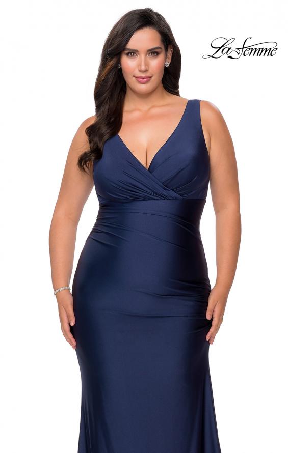 Picture of: Simple Jersey Plus Size Gown with Faux Wrap Bodice in Navy, Style: 29028, Detail Picture 1