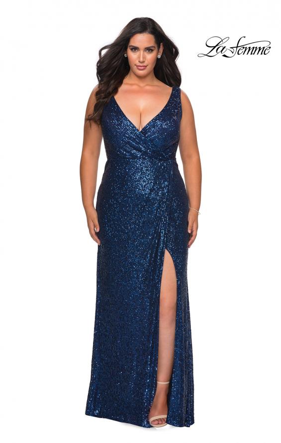 Picture of: Sequin Plus Size Prom Gown with Ruching and V-neck in Navy, Style: 29046, Detail Picture 1