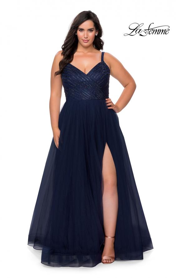 Picture of: Plus Size A-line Prom Gown with Rhinestone Bodice in Navy, Style: 29060, Detail Picture 1
