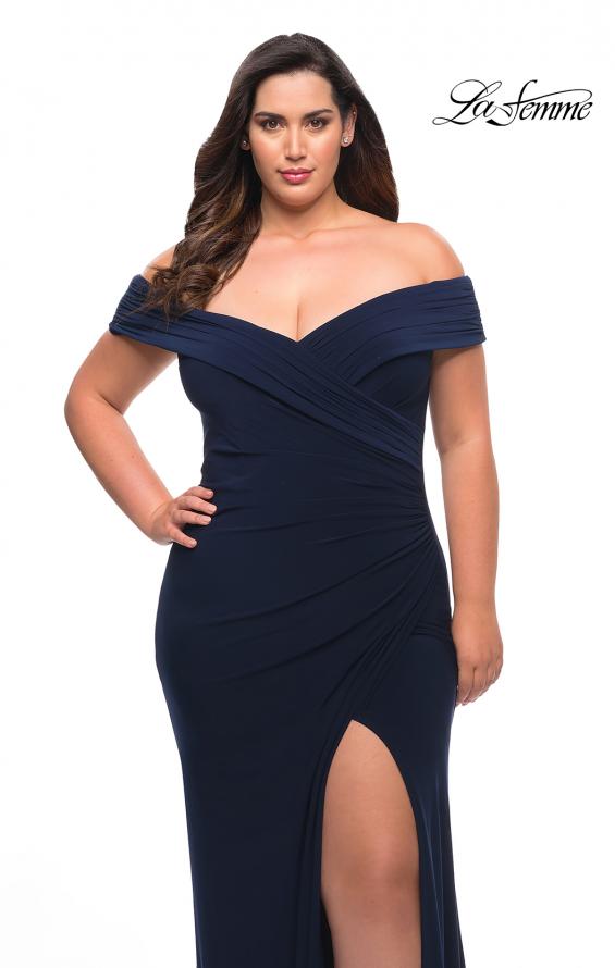 Picture of: Jersey Plus Size Dress with Off the Shoulder Top in Navy, Style: 29397, Detail Picture 1
