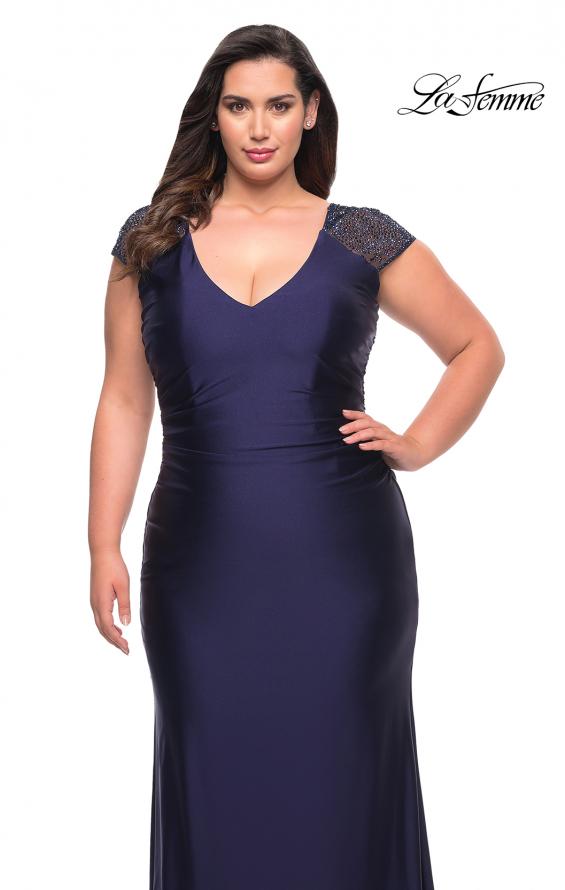 Picture of: Long Jersey Gown with Jeweled Cap Sleeves in Navy, Style: 29481, Detail Picture 1
