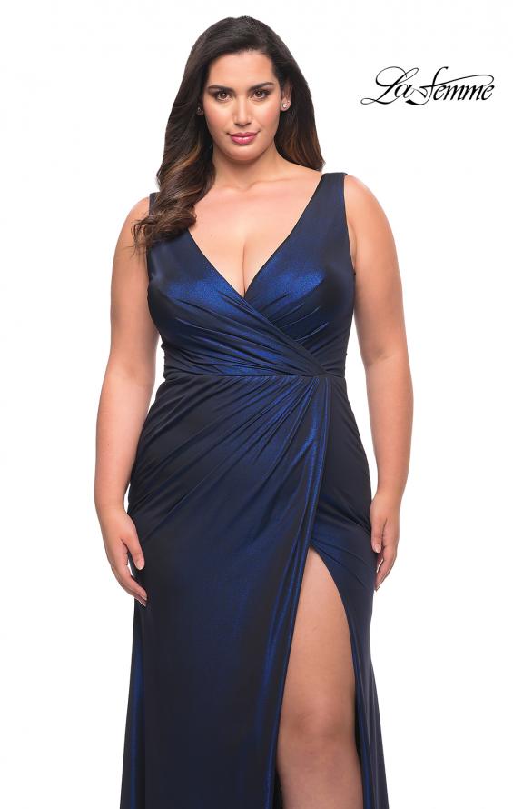 Picture of: Metallic Jersey Plus Gown with Slit and V Neckline in Navy, Style: 30267, Detail Picture 1