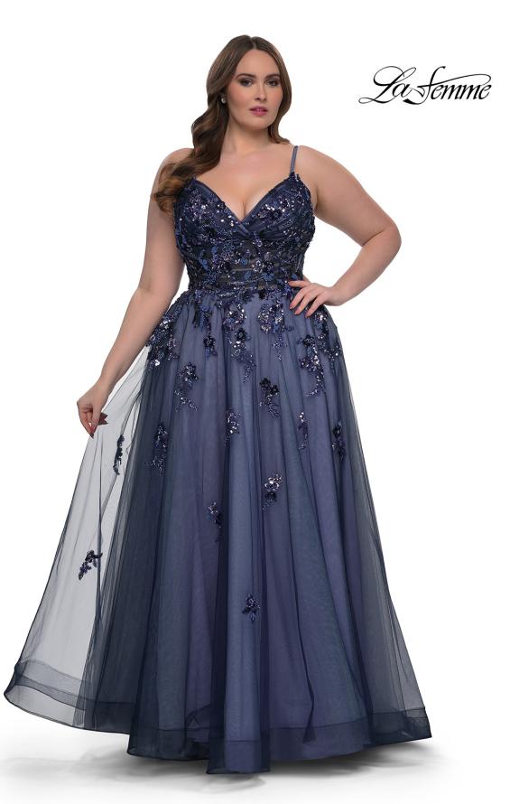 Picture of: Stunning A-line Plus Dress with Sequin Beaded Applique in Navy , Style: 33061, Detail Picture 1