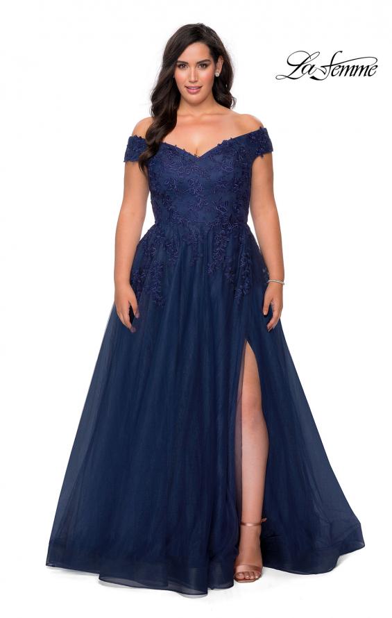 Picture of: Off The Shoulder Tulle Plus Size Gown with Lace in Navy, Style: 28950, Detail Picture 2
