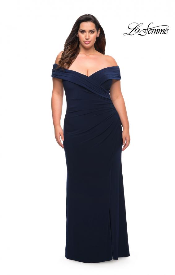Picture of: Jersey Plus Size Dress with Off the Shoulder Top in Navy, Style: 29397, Detail Picture 2