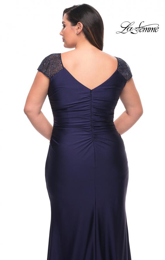 Picture of: Long Jersey Gown with Jeweled Cap Sleeves in Navy, Style: 29481, Detail Picture 2