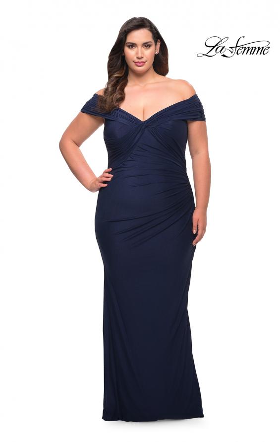 Picture of: Long Net Jersey Plus Dress with Bodice Design in Navy, Style: 29635, Detail Picture 2