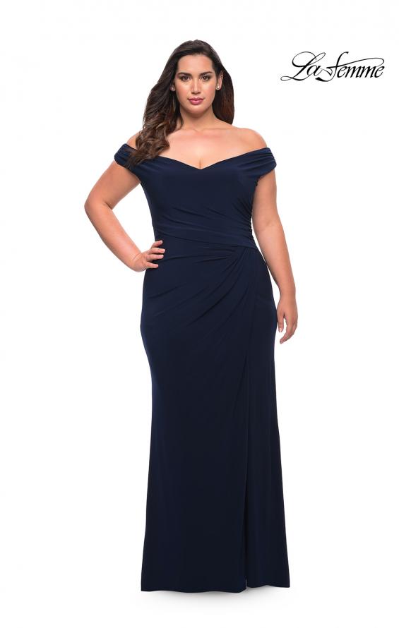 Picture of: Matte Jersey Long Plus Dress with Ruching and Slit in Navy, Style: 29663, Detail Picture 2