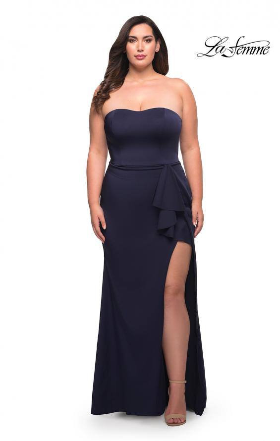 Picture of: Strapless Plus Size Dress with Ruffle Slit Detail in Navy, Style: 29664, Detail Picture 2