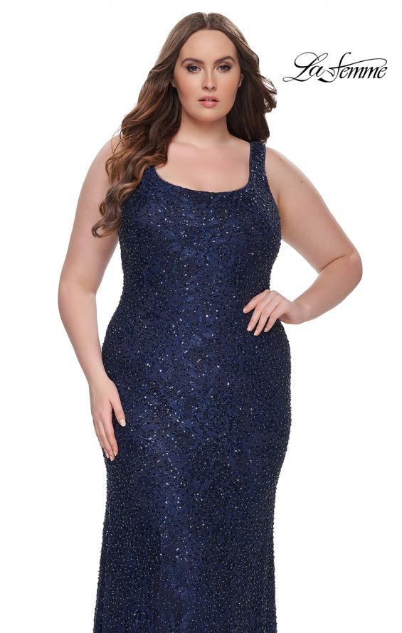 Picture of: Beaded Lace Plus Size Fitted Dress with Square Neckline in Navy, Style: 31605, Detail Picture 2