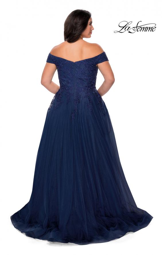 Picture of: Off The Shoulder Tulle Plus Size Gown with Lace in Navy, Style: 28950, Detail Picture 3