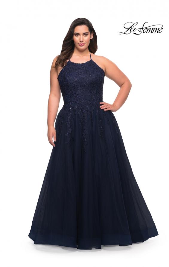 Picture of: Tulle Gown with Lace Bodice and High Neckline in Navy, Style: 29071, Detail Picture 3