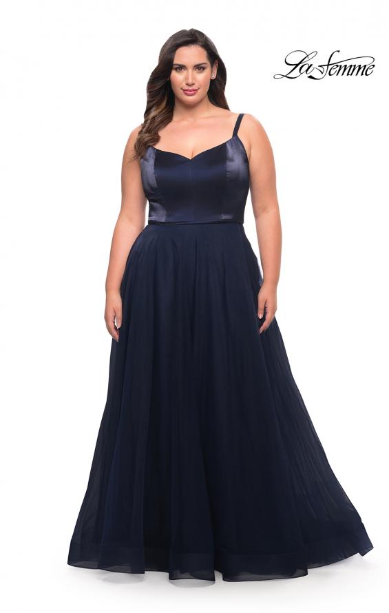 Picture of: Long Plus Size Gown with Tulle Skirt and Satin Top in Navy, Style: 29072, Detail Picture 3
