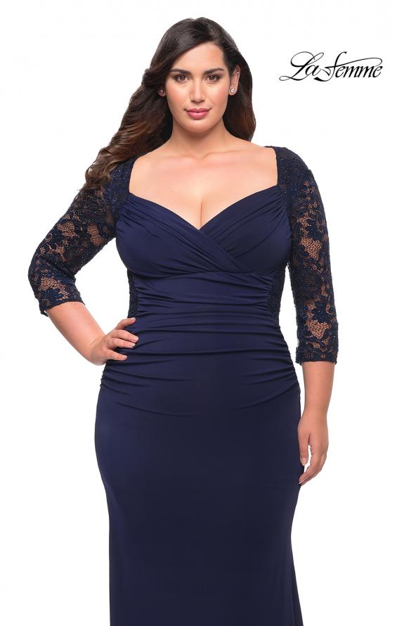 Picture of: Jersey Plus Dress with Lace Sleeves and Back in Navy, Style: 29586, Detail Picture 3