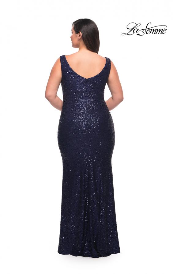Picture of: Stretch Sequin Plus Size Gown with Slit and V Neck in Navy, Style: 30307, Detail Picture 3