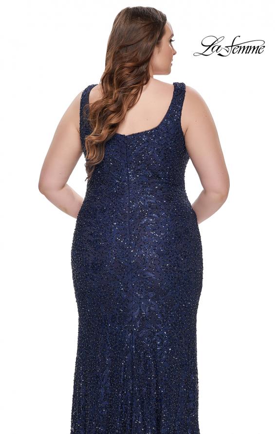 Picture of: Beaded Lace Plus Size Fitted Dress with Square Neckline in Navy, Style: 31605, Detail Picture 3