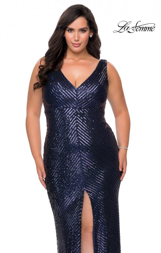 Picture of: Sequin Striped Plus Size Prom Dress with Center Slit in Navy, Style: 28796, Detail Picture 4