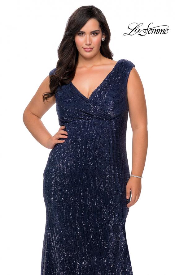 Picture of: Faux Wrap Bodice Sequin Plus Size Prom Gown in Navy, Style: 28962, Detail Picture 4