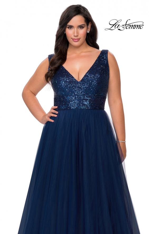 Picture of: Curvy A-line Prom Gown with Sequin Bodice and Tulle Skirt in Navy, Style: 29045, Detail Picture 4