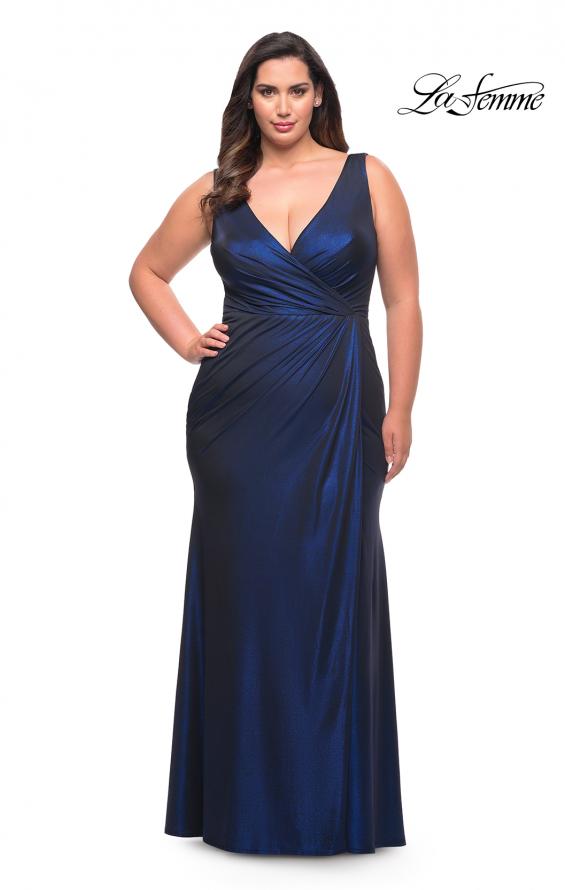 Picture of: Metallic Jersey Plus Gown with Slit and V Neckline in Navy, Style: 30267, Detail Picture 4