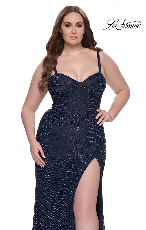 Picture of: Bustier Plus Size Dress with Rhinestone Fishnet Fabric in Navy, Style: 32243, Detail Picture 4