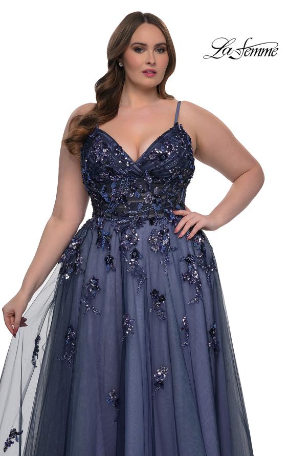 Picture of: Stunning A-line Plus Dress with Sequin Beaded Applique in Navy , Style: 33061, Detail Picture 4