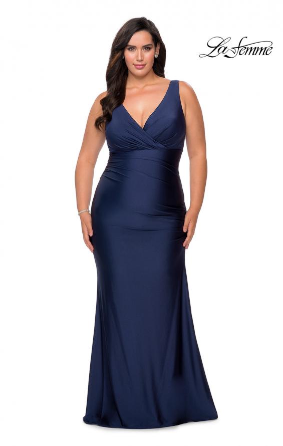 Picture of: Simple Jersey Plus Size Gown with Faux Wrap Bodice in Navy, Style: 29028, Detail Picture 5