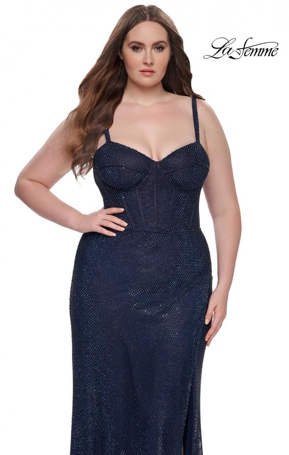 Picture of: Bustier Plus Size Dress with Rhinestone Fishnet Fabric in Navy, Style: 32243, Detail Picture 5