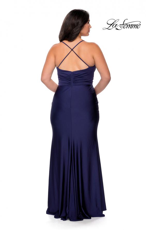 Picture of: Jersey Prom Dress for Curves with Slit and Criss Cross Back in Navy, Style: 29022, Detail Picture 6