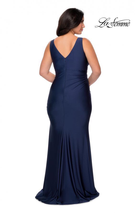 Picture of: Simple Jersey Plus Size Gown with Faux Wrap Bodice in Navy, Style: 29028, Detail Picture 6