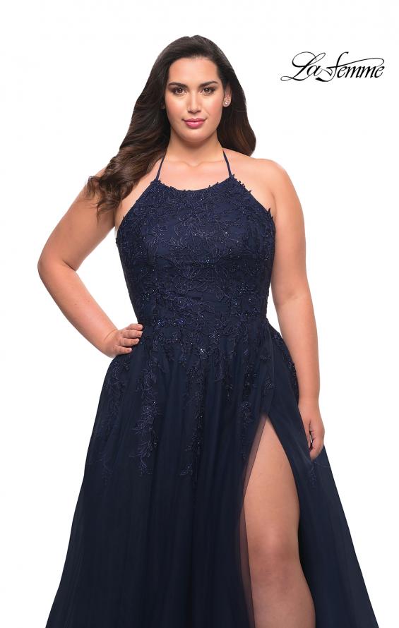 Picture of: Tulle Gown with Lace Bodice and High Neckline in Navy, Style: 29071, Detail Picture 6