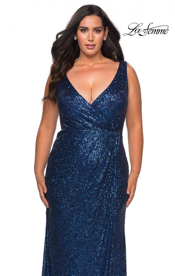 Picture of: Sequin Plus Size Prom Gown with Ruching and V-neck in Navy, Style: 29046, Detail Picture 7