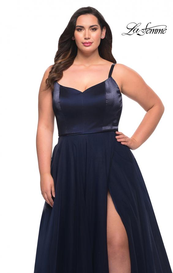 Picture of: Long Plus Size Gown with Tulle Skirt and Satin Top in Navy, Style: 29072, Detail Picture 7