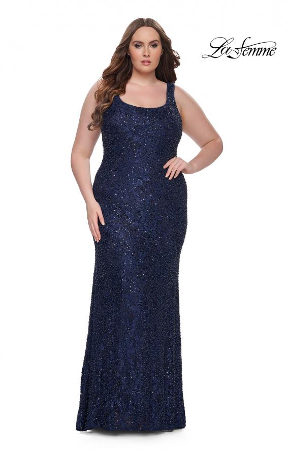 Picture of: Beaded Lace Plus Size Fitted Dress with Square Neckline in Navy, Style: 31605, Detail Picture 7