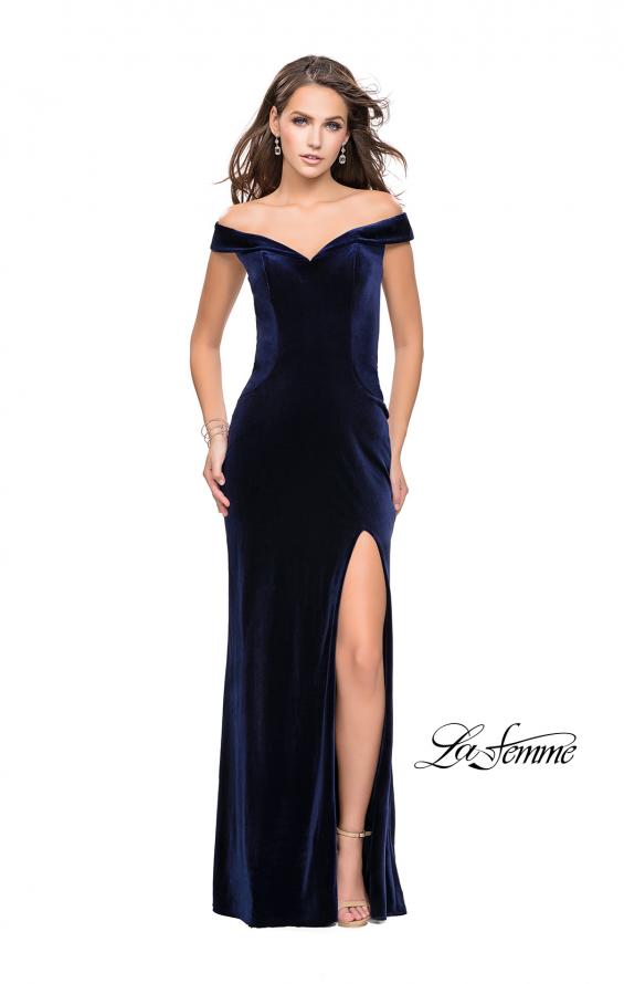 Picture of: Long Off the Shoulder Velvet Gown with Open Back in Navy, Style: 25400, Main Picture