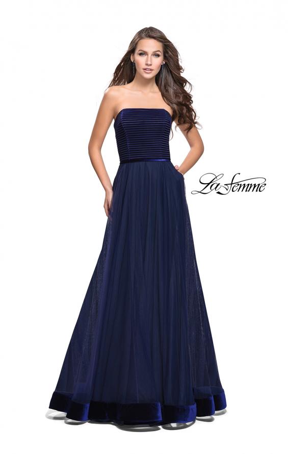 Picture of: Long Strapless Prom Dress with Velvet Bodice Detail in Navy, Style: 25408, Main Picture