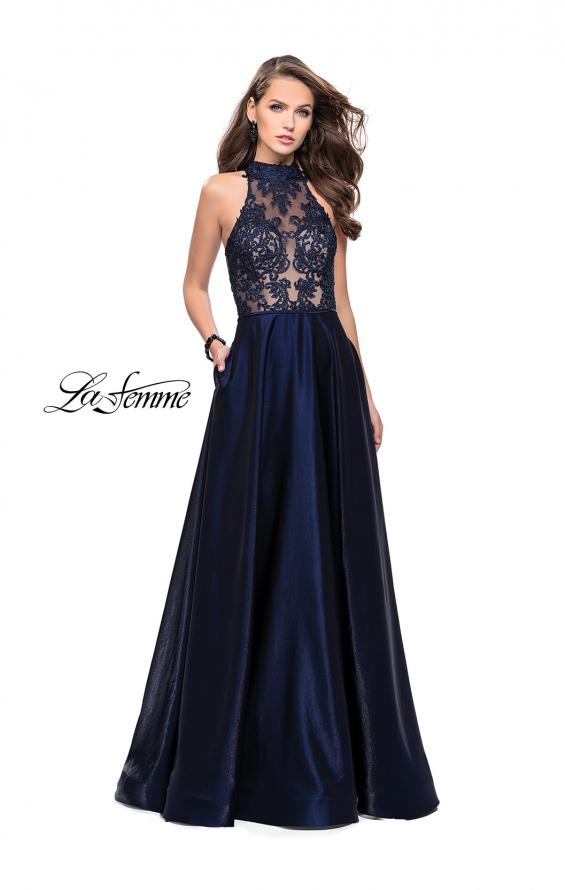 Picture of: Long Prom Dress with Satin A-line Skirt and Beading in Navy, Style: 25617, Main Picture