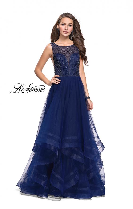 Picture of: Ball Gown with Ruffle Tulle Skirt and Beading in Navy, Style: 25620, Main Picture